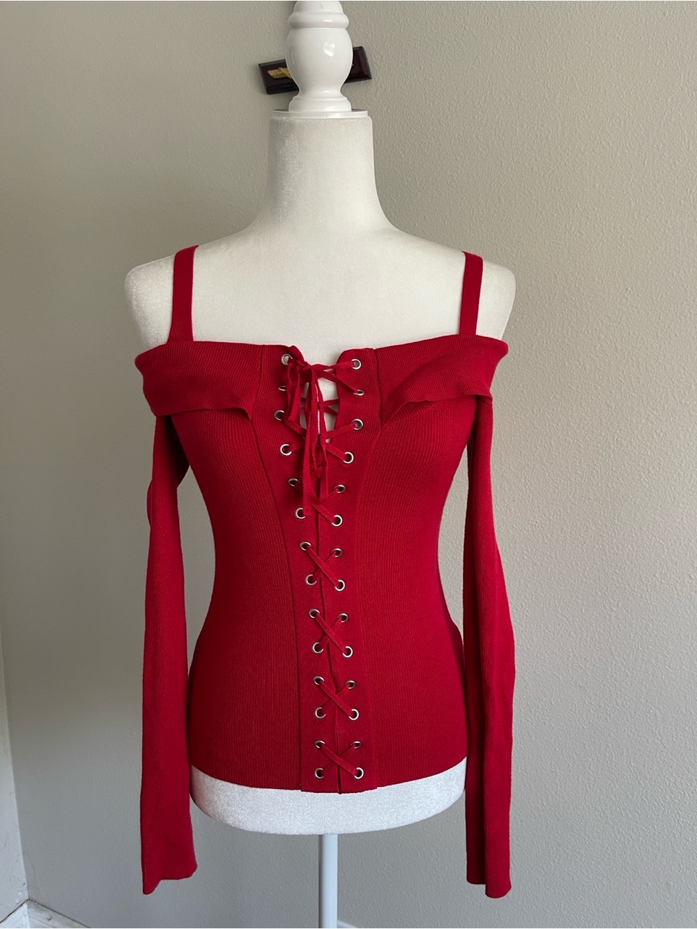 Guess Off-the-Shoulder Lace-Up Sweater in Red